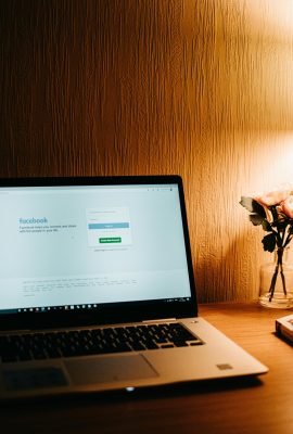 Warm-lit workspace featuring a laptop with Facebook on screen and a vase of flowers.